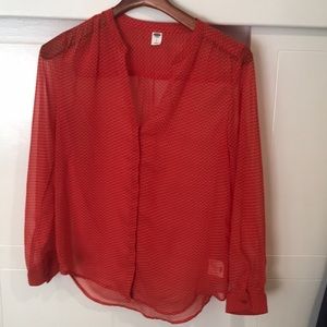 Sheer red long sleeve button down top